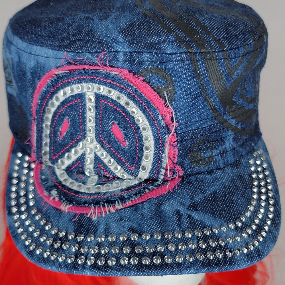 ``H25278 NWT Professional Style Dark Rhinestone Peace Sign Cadet Caps